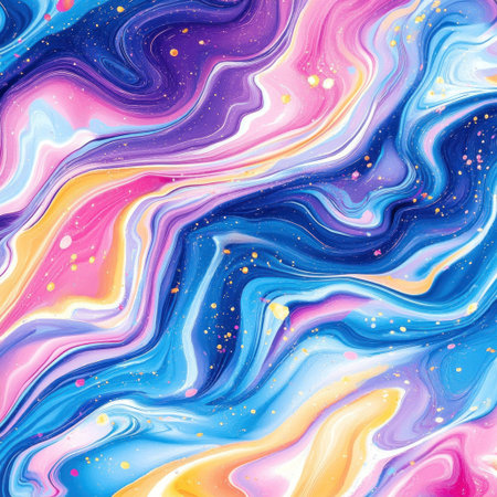 A vibrant and colorful illustration of an abstract pattern, featuring swirling colors in shades of blue, purple, pink, yellow, and white, with fluid lines that resemble marble textures. The background is light-colored, creating a contrast between the dark outlines of the patterns and the bright color palette. There are also visible glitter or sparkles adding to its magical appearance. This design would be suitable for creative projects, such as digital art, graphic designs, or visual storytelling. --v 6.1 Job ID: ff6a8426-d978-4285-a83b-0aacb3ddcba7の素材