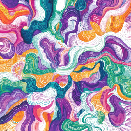 A vibrant and colorful illustration of an abstract pattern, featuring swirling shapes in shades of purple, teal green, orange, pink, and white. The background is filled with intricate patterns reminiscent of geode crystals or watercolor splashes. This artwork creates a sense of movement and energy through the use of dynamic lines and organic forms. It has an enchanting and dreamy quality that sparks imagination and wonder. --v 6.1 Job ID: c18fdb4b-905f-4204-b73f-22ade4c781b8の素材