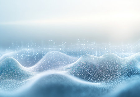 Abstract background of a light blue color with digital elements and technology waves, an AI concept vector illustration with copy space for your design or text. The white sky is blurred in the foreground. Vector illustration on an isolated pastel background. --ar 43:30 --v 6.1 Job ID: 698f4fb9-f126-4725-9577-f526e0aab018の素材