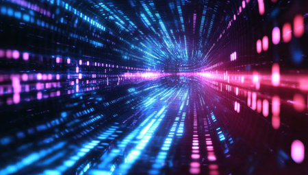 Abstract blue and purple glowing futuristic background with a wave of digital data, a tech background vector illustration. Abstract technology concept background with a dark black color. Copy space for text. A banner with copy, high resolution, professional photograph, National Geographic, cinematography, bokeh, hyperrealistic, light tone colors, depth of field, and light effects. --ar 53:30 --v 6.1 Job ID: c386ceb5-fe62-44a4-9c2f-9dd52cdc3b78の素材