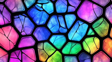 A seamless pattern with holographic hexagons, their colors shifting and shimmering in the light â a vibrant mix of electric blues, neon greens, soft pinks, and purples. Boho style, vector illustration, on a black background, high resolution, empty white background, no text. --chaos 30 --ar 16:9 --v 6.1 Job ID: c69cd510-6134-4804-bca2-715cb7f48c25の素材