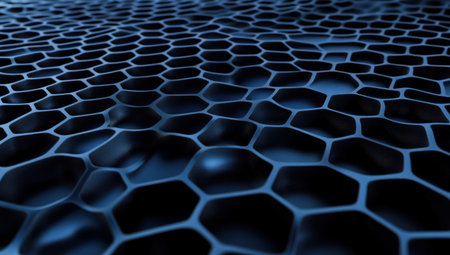 Abstract background with blue digital waves and hexagonal mesh pattern on a dark black background, an AI technology concept. High-quality render. --ar 53:30 --v 6.1 Job ID: a5a246e4-3a7b-48b8-ba47-37e6c159edefの素材