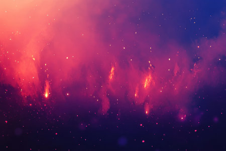 Red and purple gradient background, with burning flames in the upper left corner. The color of the sky is dark blue to black, creating an atmosphere full of mystery and grandeur. There's smoke floating around, adding depth to the scene. In front of it stand tall red stars that radiate intense light, while small star particles float on top of them, adding visual effects. This entire scene creates a mysterious universe, filled with a passion for exploration and adventure. --ar 3:2 --v 6.1 Job ID: 63dcdef3-6080-4554-981d-9223cf51145aの素材