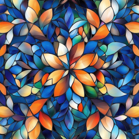 A seamless pattern with stained glass, where vibrant colors blend seamlessly in an abstract mosaic of leaves and flowers. The design incorporates deep blues, warm oranges, and hints of green, using digital art techniques to create a visually captivating effect. --v 6.1 Job ID: 62eceed1-6793-4cd7-9763-4b2094f89d3bの素材