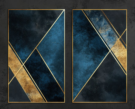 Abstract art geometric design with gold lines and blue triangles on a dark marble background, a set of two poster prints for wall decor. --ar 37:30 --v 6.1 Job ID: 68710041-1397-43e4-be81-0ca15b0937bcの素材