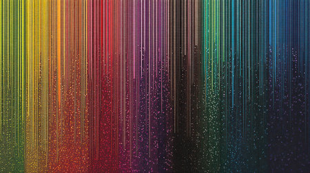 A rainbow gradient background with vertical stripes of different colors, each representing the color wheel's spectrum. The background has a textured surface with subtle gradients and highlights to give depth and dimension. This design would be suitable for digital backgrounds or graphics that need an artistic touch. --chaos 30 --ar 16:9 --v 6.1 Job ID: bedc9d75-3851-440b-a686-7a918ee11866の素材