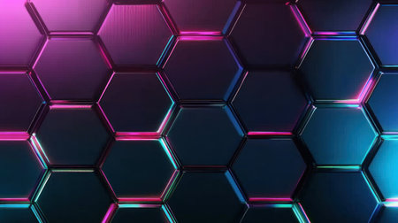 A seamless pattern with holographic hexagons, their colors shifting and shimmering in the light â an otherworldly blend of neon pink, electric blue, and iridescent green, their forms floating against a dark background, vector illustration, graphic design, digital art. --chaos 30 --ar 16:9 --v 6.1 Job ID: 7cee4408-3a1e-4ec9-8509-8342de712290の素材
