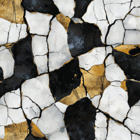 A seamless pattern of cracked clay in various shades of black, white, and gold, with the cracks filled with oil paint, creating an abstract texture that resembles natural rock formations. --v 6.1 Job ID: 599eddcb-5923-43c3-8ea8-769faab5201dの素材