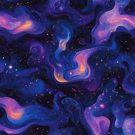 A seamless pattern of an abstract nebula, swirling shapes in shades of purple and blue with hints of pink and orange, the stars twinkling like distant galaxies, evoking mystery and wonder. Digital art style, vector illustration, detailed texture on fabric. --v 6.1 Job ID: d88097ed-7303-4205-a73d-e089fcda8c18の素材
