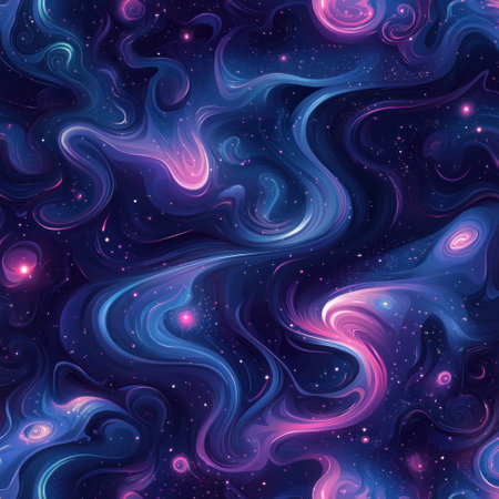 A seamless pattern of dark purple and blue swirls with pink highlights, swirling cosmic dust, stars, nebulae, fluid shapes, and a dreamy atmosphere. This is a work of vector art, in the style of fantasy. --v 6.1 Job ID: ae0caa1f-865a-482b-be5c-6b881d91cb53の素材
