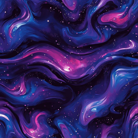 A seamless pattern of dark purple and blue swirls with pink highlights, swirling cosmic dust, stars, nebulae, fluid shapes, and a dreamy atmosphere. This is a work of vector art, in the style of fantasy. --v 6.1 Job ID: ae0caa1f-865a-482b-be5c-6b881d91cb53の素材