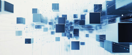 Abstract technology background with cubes, geometric shapes, and connection lines on a white backdrop. Big data concept banner for business vector illustration, in blue and grey colors. --ar 71:30 --v 6.1 Job ID: bc785df1-511c-414b-aa05-e648b2b13d4cの素材