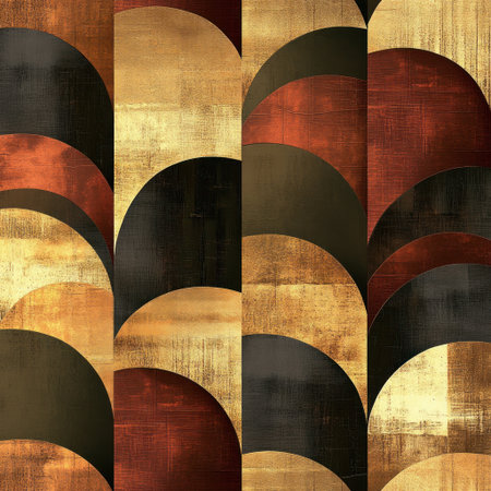A seamless pattern with gold foil geometric shapes, their surfaces reflective and mesmerizing. Art Deco meets Modern Luxury in this minimalist design with a metallic sheen. The design incorporates rosewood brown and dark olive green, with the use of photorealistic techniques. --v 6.1 Job ID: 3150da99-ff3d-4aa1-8cf2-30e506340d9fの素材