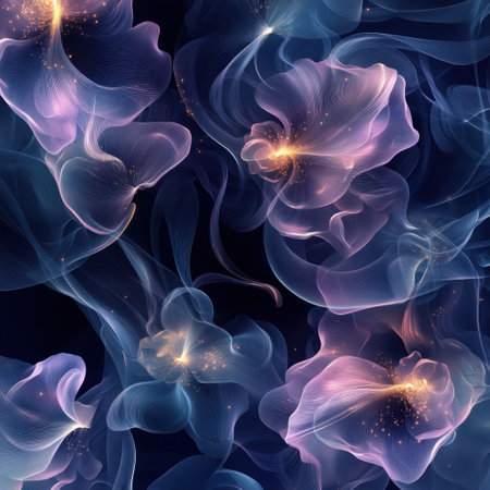 A seamless pattern with digital smoke, glowing lights, and flowers, their forms intertwined in an ethereal dance, 3D render, dark background, hyperrealistic, seamless vector design, pastel colors, glowing effect, in the style of clipart style. --v 6.1 Job ID: 1b867087-3caf-4bd3-a101-ac9f70c8cc85の素材