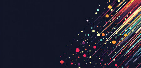 A horizontal vector line with glowing dots, with an empty space on the right side. The background is dark and black. There should be some light coming from behind it. It's for use as a banner or header design element in digital marketing or advertising. The lines have different colors of reds, oranges, yellows, greens, blues, purples, and white, with varying sizes to create depth and dimension. This could symbolize speed, technology, modernity, innovation, focus, and attention-grabbing images. --ar 31:15 --v 6.1 Job ID: 25061e41-c582-4748-bf37-f4ed14f51701の素材
