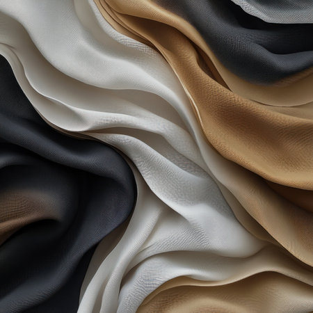 A photorealistic image of an abstract pattern composed entirely from layers and folds of fabric in various shades of brown, beige, black, white, and gray. The fabrics should appear soft with subtle textures that give depth to the composition. This design is perfect for creating a visually stunning background or wallpaper, adding texture and detail to any space. --v 6.1 Job ID: 05570f53-6719-465f-a1a5-00c224a8850bの素材