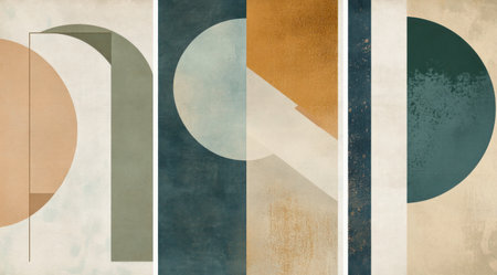 Abstract retro vector poster set with geometric shapes and patterns, hand-drawn lines in muted colors of beige, teal, grey, blue, and green, perfect for contemporary wall art or print design. Vector illustration, flat lay on a white background. Set of three designs. Minimalist style, isolated on a pastel background. --ar 9:5 --v 6.1 Job ID: 8e274571-cae3-464d-a838-fc1f8eb8799aの素材