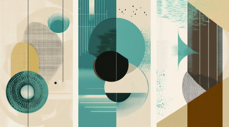 Abstract retro vector poster set with geometric shapes and patterns, hand-drawn lines in muted colors of beige, teal, grey, blue, and green, perfect for contemporary wall art or print design. Vector illustration, flat lay on a white background. Set of three designs. Minimalist style, isolated on a pastel background. --ar 9:5 --v 6.1 Job ID: 8e274571-cae3-464d-a838-fc1f8eb8799aの素材