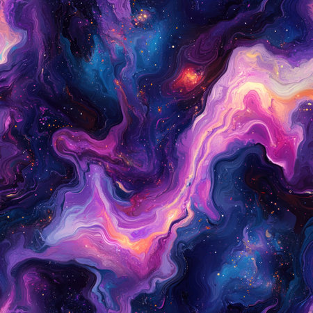 A seamless pattern of an abstract nebula, swirling shapes in shades of purple and blue with hints of pink and orange, the stars twinkling like distant galaxies, evoking mystery and wonder. Digital art style, vector illustration, detailed texture on fabric. --v 6.1 Job ID: d88097ed-7303-4205-a73d-e089fcda8c18の素材