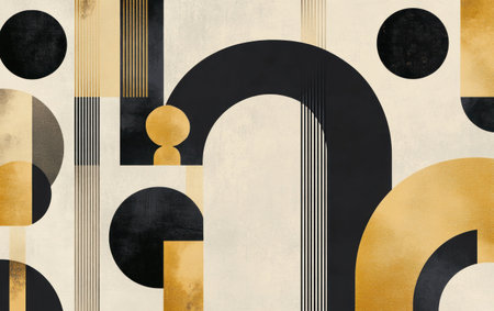 Abstract art, featuring gold and black geometric shapes with arches and circles on a beige background, a simple vector illustration. --ar 8:5 --v 6.1 Job ID: 89a6cd27-43fd-4c57-820c-96294ada6ad1の素材