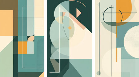 Abstract retro vector poster set with geometric shapes and patterns, hand-drawn lines in muted colors of beige, teal, grey, blue, and green, perfect for contemporary wall art or print design. Vector illustration, flat lay on a white background. Set of three designs. Minimalist style, isolated on a pastel background. --ar 9:5 --v 6.1 Job ID: 8e274571-cae3-464d-a838-fc1f8eb8799aの素材