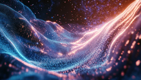 Abstract blue background with a glowing wave of dots and lines. Abstract digital sound or music visualization concept. Futuristic big data, artificial intelligence, and technology design element. High-quality 3D rendering illustration. --ar 53:30 --v 6.1 Job ID: 468bba38-eb16-492b-97a7-47733616de88の素材