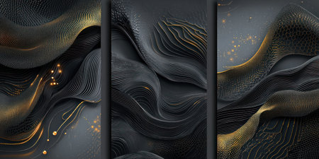 Set of three minimalistic abstract designs with golden elements, grey background, vertical format, three vertical panels side by side, one in the central panel is a little larger than the others, each panel has different patterns and textures made from dots and lines, dark gray color palette, high resolution, professional photograph, studio lighting, intricate details, highly detailed. --ar 2:1 --v 6.1 Job ID: 8e0621b5-6010-4e64-b693-340fb4a08334の素材