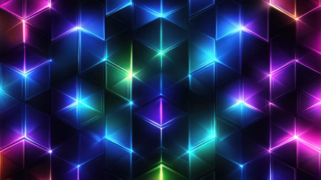 A seamless pattern with holographic hexagons, their colors shifting and shimmering in the light, creating an ethereal atmosphere on a dark purple background. Vector illustration in the style of Grzegorz Domaradze with glowing neon accents, a vibrant color palette of blues, greens, purples, and black and white. Dynamic composition, high resolution, no blur or grain. --chaos 30 --ar 16:9 --v 6.1 Job ID: ee3c6bca-bd8c-4f00-afcc-6caec1e9728dの素材