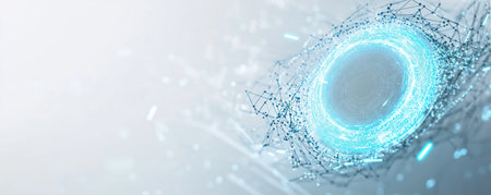 Abstract technology background with white and blue colors, a futuristic vector illustration design for a web banner or poster. A circular shape is at the center of digital network connection elements on a light grey backdrop. --ar 5:2 --v 6.1 Job ID: c2504402-0b01-449f-b44b-30555068b801の素材