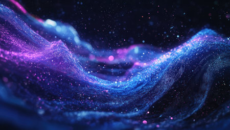 Abstract blue and purple glowing waves of data on a dark background, a digital technology concept banner. An abstract, futuristic wave moving in space with a light effect. Big Data visualization. An AI tech design element. --ar 53:30 --v 6.1 Job ID: 87ed921f-a5a9-42bf-bec4-efdea91e3bf4の素材