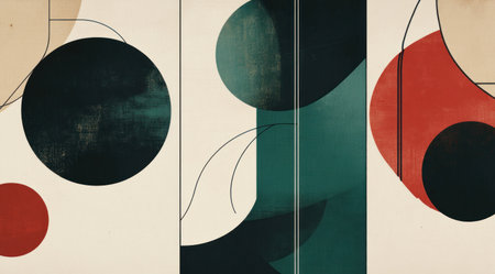 Set of three vector abstract posters with simple shapes and lines in a beige, teal green, and black color palette, on a white background. Modern art illustrations for wall decoration or poster design. Vector illustration, isolated, in the style of Japandi, flat lay. --ar 9:5 --v 6.1 Job ID: a853cbfd-e3e4-46f2-afbc-136be43e05e8の素材