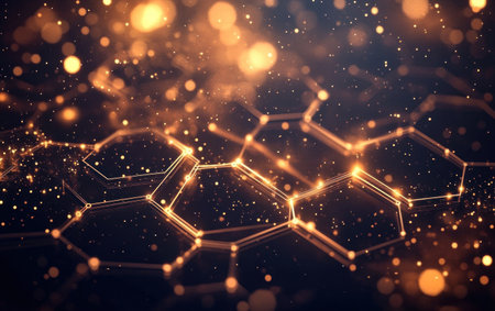 A hexagonal grid pattern with glowing dots on each edge, creating an abstract digital landscape against the dark background. The light from these dots creates dynamic shadows and highlights within the honeycomb structure. This design symbolizes technology's impact on data flow through global network connections, showcasing how information flows across vast fields of cyberspace. --ar 8:5 --v 6.1 Job ID: 954b1f91-6cf3-4880-900e-ebf68e77b71dの素材