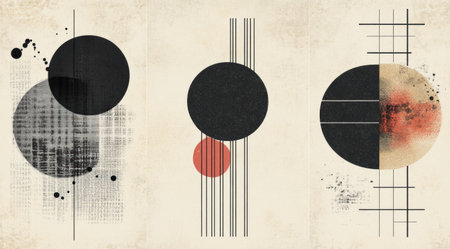 Set of three minimalist vector illustrations with abstract geometric shapes and lines in a retro Scandinavian style on a beige background. Vector illustration for design, poster, banner, cover, flyer, or print. Doodle vector graphics. Art in the style of Japandi. --ar 9:5 --v 6.1 Job ID: 44b6c7ff-1c62-4a1e-a669-7debc8c86533の素材