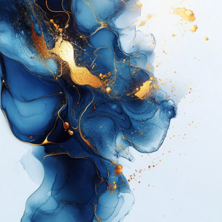 Abstract Blue and Gold Painting, an abstract artistic design with deep watercolor colors, fluid shapes, soft lines, a flowing water texture, in a modern art style, with fluid organic forms, in high resolution and ultra-detailed, featuring a dark blue and gold color palette on a white background, with an alcohol ink effect and splashes of paint. --v 6.1 Job ID: 17b85a08-1346-455f-8a32-bc3f16fdee09の素材