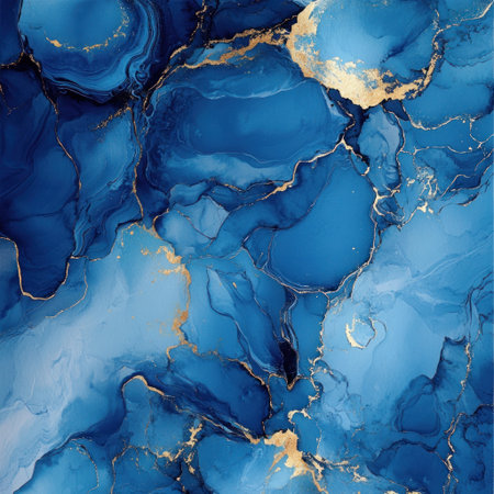 Abstract Blue and Gold Painting, abstract art, fluid shapes, fluid texture, fluid background, blue marble pattern with gold accents, blue watercolor, dark blue and white color palette, soft lighting, beautiful watercolor painting style, dreamy atmosphere, soft edges and blurred details, flowing lines, watercolor paper, deep blue background, high resolution, hyperrealistic --v 6.1 Job ID: 3bdae06d-cccc-469e-9386-dedf8a245b7aの素材