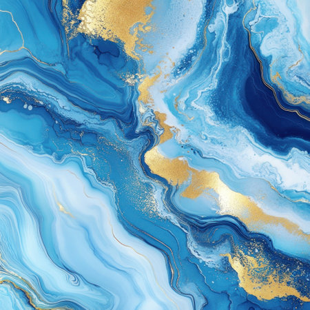 Abstract Blue and Gold Painting, Marbling Art, Ocean Waves Pattern, Fluid Shapes, Fluid Design, Marbled Paint with Gold Accents, Blue Tones, White Background, High Resolution, Detailed Texture, Hyper-Realistic, Digital Painting, Brush Strokes, Fluid Organic Forms, Elegant, Sophisticated Style --v 6.1 Job ID: 7592f366-de5a-4180-90fc-ef0da521a606の素材