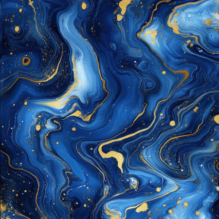 Abstract Blue and Gold Painting, a marbling pattern with swirling shapes in blue and gold colors, with splashes of white paint on the surface. The background is dark blue, creating an elegant contrast between the colors. There is some golden glitter scattered throughout for extra sparkle. This design would be suitable as wallpaper or a print on fabric, paper, wall art, fashion accessories, home decor, or interior decoration. It could bring elegance to any space it adorns. --v 6.1 Job ID: 3ce1a128-11df-4f0f-b0b5-c58dfaddc3f6の素材