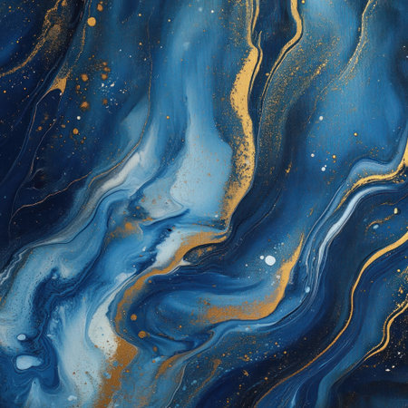 Abstract Blue and Gold Painting Texture Background: Close-up of the surface with swirling blue resin, with white dots resembling water droplets and golden streaks for an elegant touch. The design incorporates deep blues, shimmering gold accents, and fluid lines to create a dynamic yet calming aesthetic. --v 6.1 Job ID: 0845cfaa-461a-4105-a886-d16680c2e127の素材