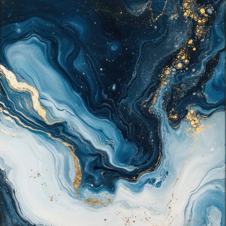 Abstract Blue and Gold Painting, with a liquid marble texture, fluid art, in shades of dark blue and white with gold details. --v 6.1 Job ID: 765f05fa-ca52-45ba-9c2f-0f7bc4673823の素材