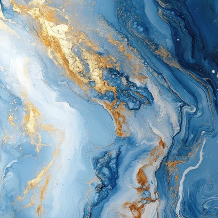 Abstract blue and gold marble background, with white and gold details. Fluid acrylic painting, pattern design for wall art print, watercolor painting, blue ocean, gold metallic foil. --v 6.1 Job ID: 7d15af3f-9069-4af8-89f5-2cecbb8174a2の素材