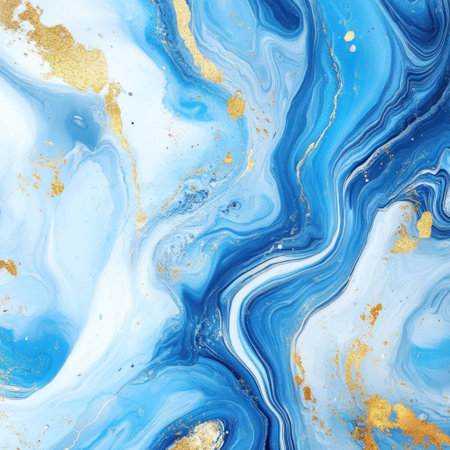 Abstract Blue and Gold Painting, Marbling Art, Ocean Waves Pattern, Fluid Shapes, Fluid Design, Marbled Paint with Gold Accents, Blue Tones, White Background, High Resolution, Detailed Texture, Hyper-Realistic, Digital Painting, Brush Strokes, Fluid Organic Forms, Elegant, Sophisticated Style --v 6.1 Job ID: 7592f366-de5a-4180-90fc-ef0da521a606の素材