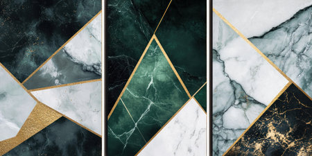 Abstract green, black, and white marble background with gold foil triangles and geometric patterns for a set of three wall art poster prints. --ar 2:1 --v 6.1 Job ID: 3d3da047-8fb8-41d3-88a8-98fc294a07e3の素材