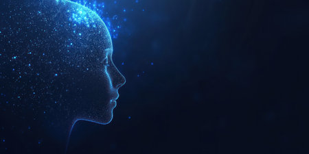 Abstract digital human head profile with glowing particles and dots on a dark blue background, a concept of artificial intelligence technology, big data, and machine learning. --ar 2:1 --v 6.1 Job ID: b4abd714-ea96-4467-b892-68089a9ac9ceの素材