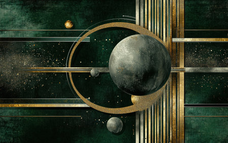 A sophisticated background for an advertising banner, featuring dark green and gold colors with elements of a silver circle, sphere, lines, and dots. The design includes abstract shapes and patterns to create visual interest. This layout is perfect as you need only one element in front of it. It's ideal for displaying your products or services on social media or digital marketing materials. Vector illustration. --ar 8:5 --v 6.1 Job ID: 873a3a34-4b39-4faa-be92-a55ef37601bdの素材