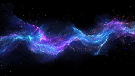 Abstract blue and purple glowing waves of data on a dark background, a digital technology concept banner. An abstract, futuristic wave moving in space with a light effect. Big Data visualization. An AI tech design element. --ar 53:30 --v 6.1 Job ID: 87ed921f-a5a9-42bf-bec4-efdea91e3bf4の素材