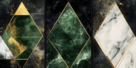 Abstract green, black, and white marble background with gold foil triangles and geometric patterns for a set of three wall art poster prints. --ar 2:1 --v 6.1 Job ID: 3d3da047-8fb8-41d3-88a8-98fc294a07e3の素材