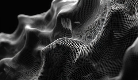 A close-up of an abstract, undulating structure with a dark background, rendered in a high-contrast style that highlights the complex interplay between light and shadow. The lines on it form beautiful curves, giving off an illusionary effect as if they were made from metal or plastic. This is an illustration with a 3D aesthetic, showcasing intricate details in every line. It features focus stacking, minimalist backgrounds, and a dark gray and white color scheme. --ar 26:15 --v 6.1 Job ID: e3116a3d-6b7f-40b1-8f4e-e9996df223b2の素材