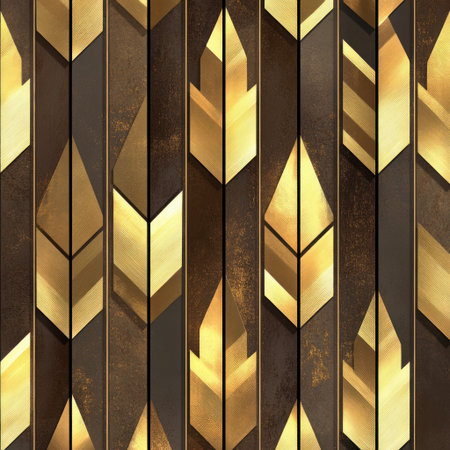 A seamless pattern with gold foil arrows, their surfaces reflective and mesmerizing. Art Deco meets Modern Luxury in this minimalist design with a metallic sheen. The background is a rich brown to complement the golden accents on each arrow. High-quality digital images with high resolution and high detail. --v 6.1 Job ID: 7c28d684-c495-4f19-9037-00b2eecba003の素材