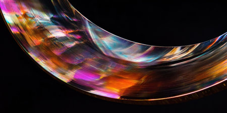 A close-up of the curved edges and curves on an optical disc, with iridescent colors reflecting off its surface, against a black background. The focus is sharp, highlighting every detail in high resolution. --ar 2:1 --v 6.1 Job ID: 92564cd3-b63d-4447-9883-3a42421fd469の素材