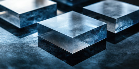 A close-up of glass squares in blue tones on a black background, creating an abstract composition. The focus is placed at the center where three large and small transparent cubes blend together, with light reflections highlighting their edges. This design emphasizes modernity through simplicity, using clean lines to create visual depth while maintaining a minimalist aesthetic. --ar 2:1 --v 6.1 Job ID: 66d28b10-6caf-4f76-a808-eeb46a843863の素材
